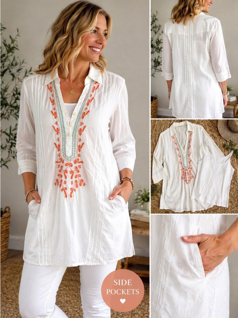 Soft Surroundings Embroidered Tunic Top Large White Boho Cotton Pintuck‎ + Tank